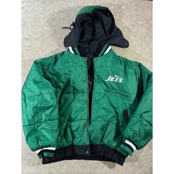 Vintage Pro Player NFL Jets Mens Reversible Windbreaker Hooded Jacket Green‎ L